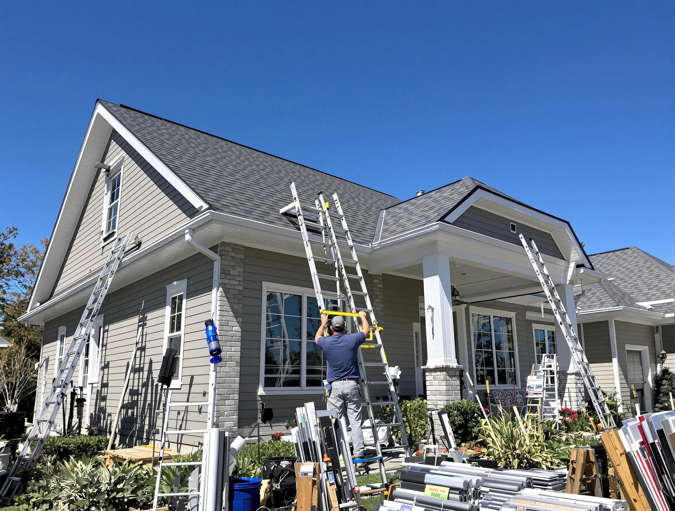 Fairview Park Roofing Company fitting rain gutters at a home in Fairview Park, OH