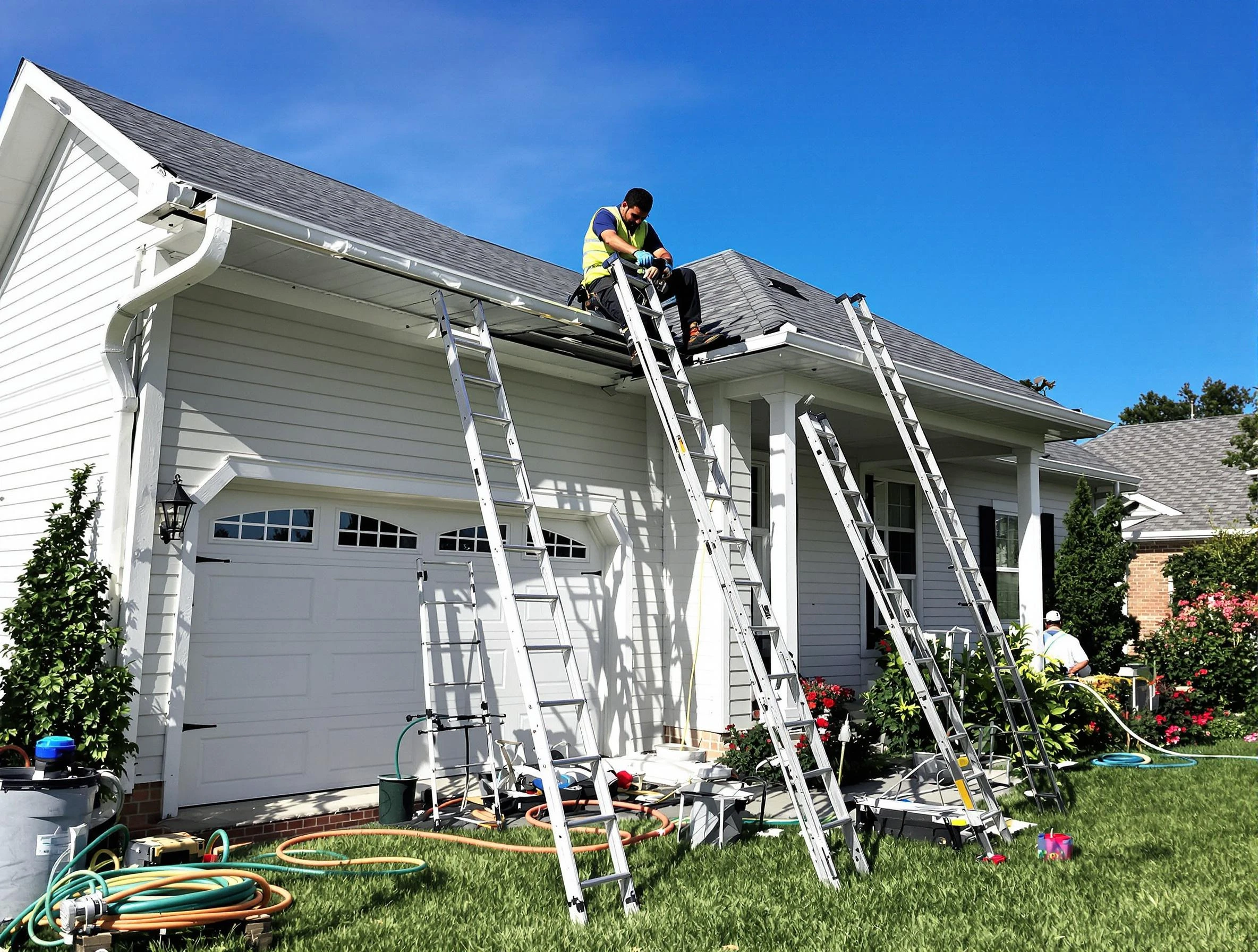 Removal of old gutters by Fairview Park Roofing Company to install new system in Fairview Park, OH